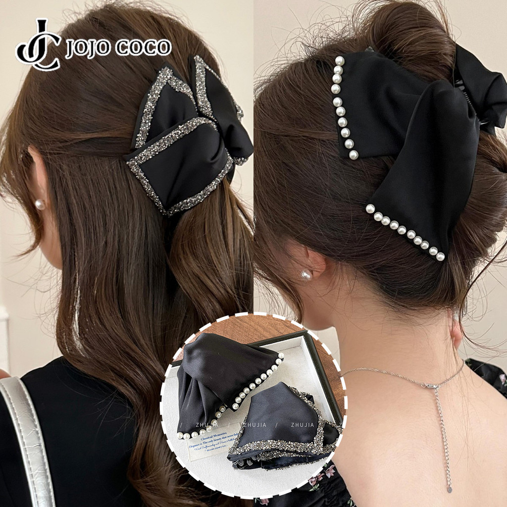 Jojo COCO Hepburn Rhinestone จําลองไข่มุกสีดําคลิปสามเหลี่ยม Retro เครื่องประดับผมอารมณ์