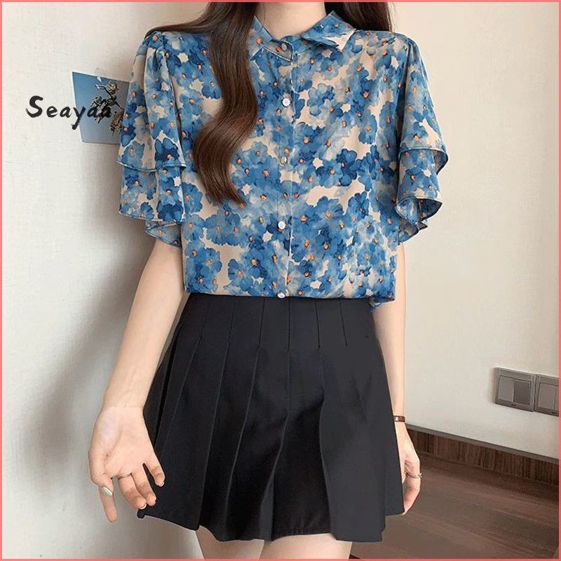 หวานพิมพ์เสื้อผู้หญิงฤดูร้อน High-end แขนสั้น Ruffled ขอบเสื้อ SY