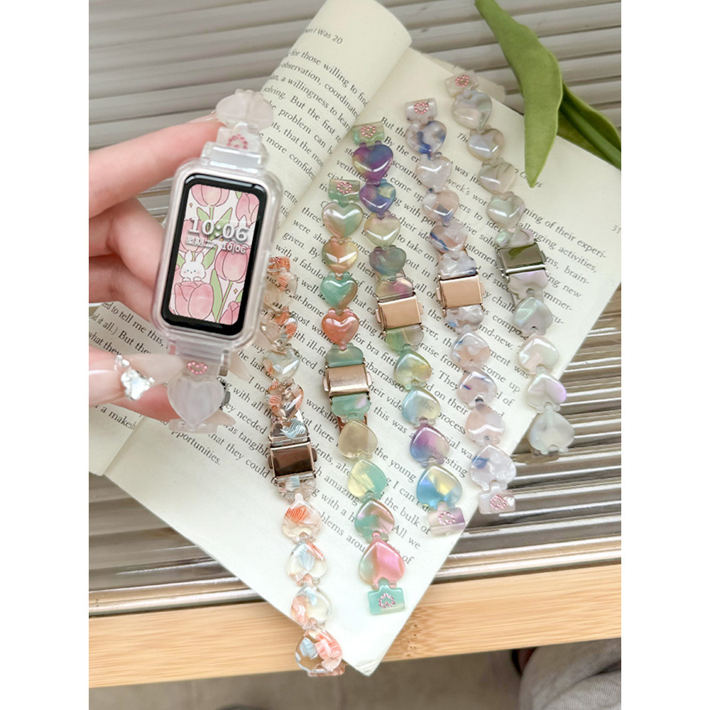 สําหรับ Huawei Band 9 8 6 7 สร้อยข้อมือสมาร์ทสายนาฬิกาผู้หญิงสายรัดข้อมือ Huawei Band8 Band7 เกาหลี Love Heart สายเรซิ่น