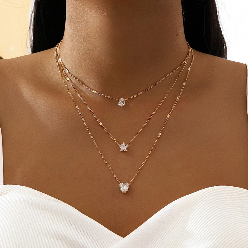 Jushi แฟชั่น Multi-Layer Pentagram Love หยดผู้หญิง Lockbone Chain จี้สร้อยคอวินเทจ