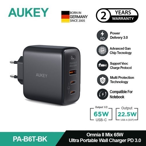 AUKEY เครื่องชาร์จหลายพอร์ต Type C65W GAN PD 3.0 ชาร์จเร็ว PA-B6T