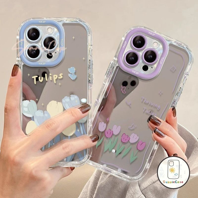 ง่าย ๆ ทิวลิปแสนโรแมนติก IPhone 16 12 15 14 11 7Plus 13 Pro Max X XS 7  15 8 Plus XR Max SE 2020แฟชั่น พื้นผิวกระจก เคส