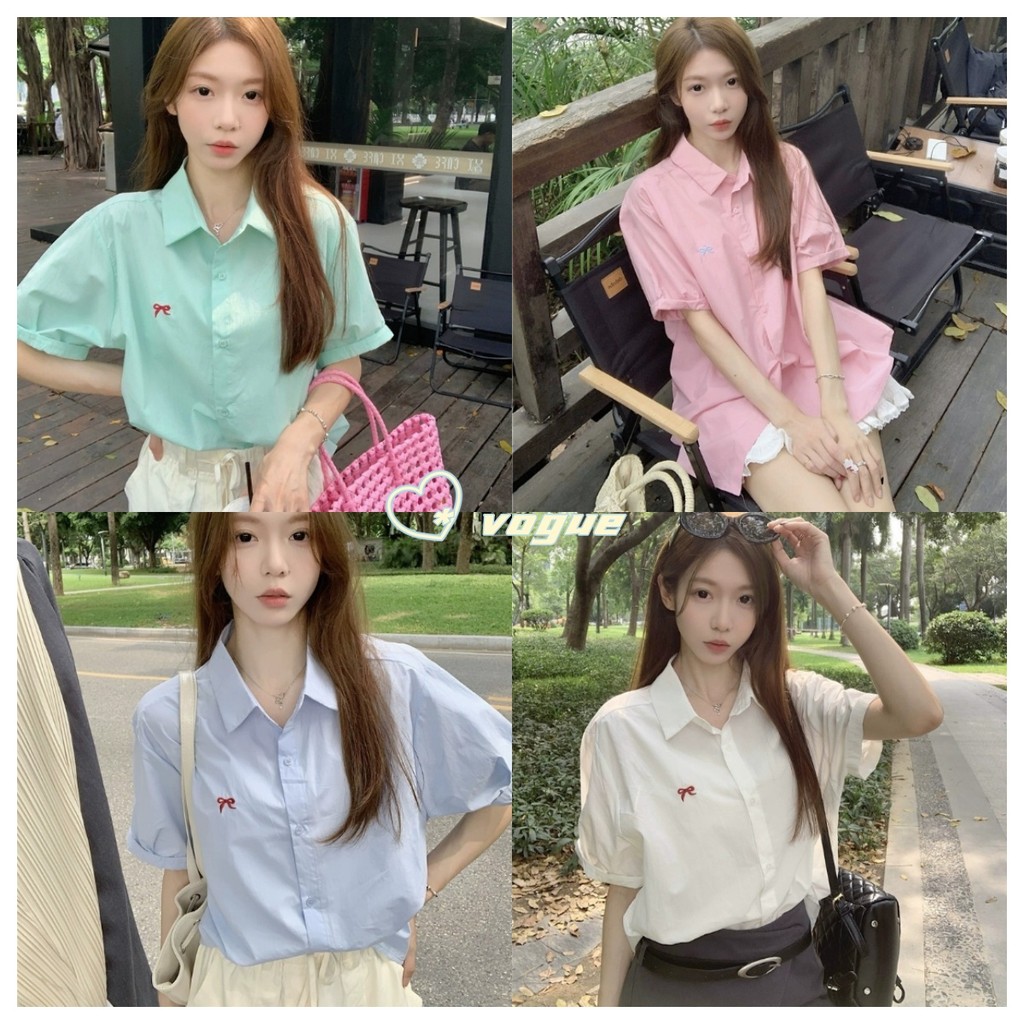Vogue พร้อมส่ง เสื้อเชิ้ต แขนสั้น คอปก ทรงโอเวอร์ไซส์ สีพาสเทลสดใส (9011-W)