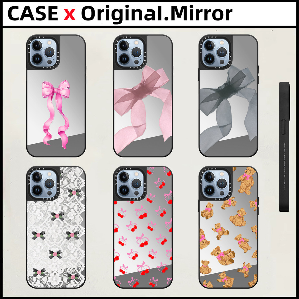 Casetify สีชมพู Organza ริบบิ้น Beary หวาน Cherries กระจก iPhone สําหรับ 16 Pro MAX 15 14 13 12 11 Pro MAX 14 15 16 Plus TPU ตัวอักษรด้านข้างกันกระแทกฝาครอบโทรศัพท์กลับปลอกการ์ตูน