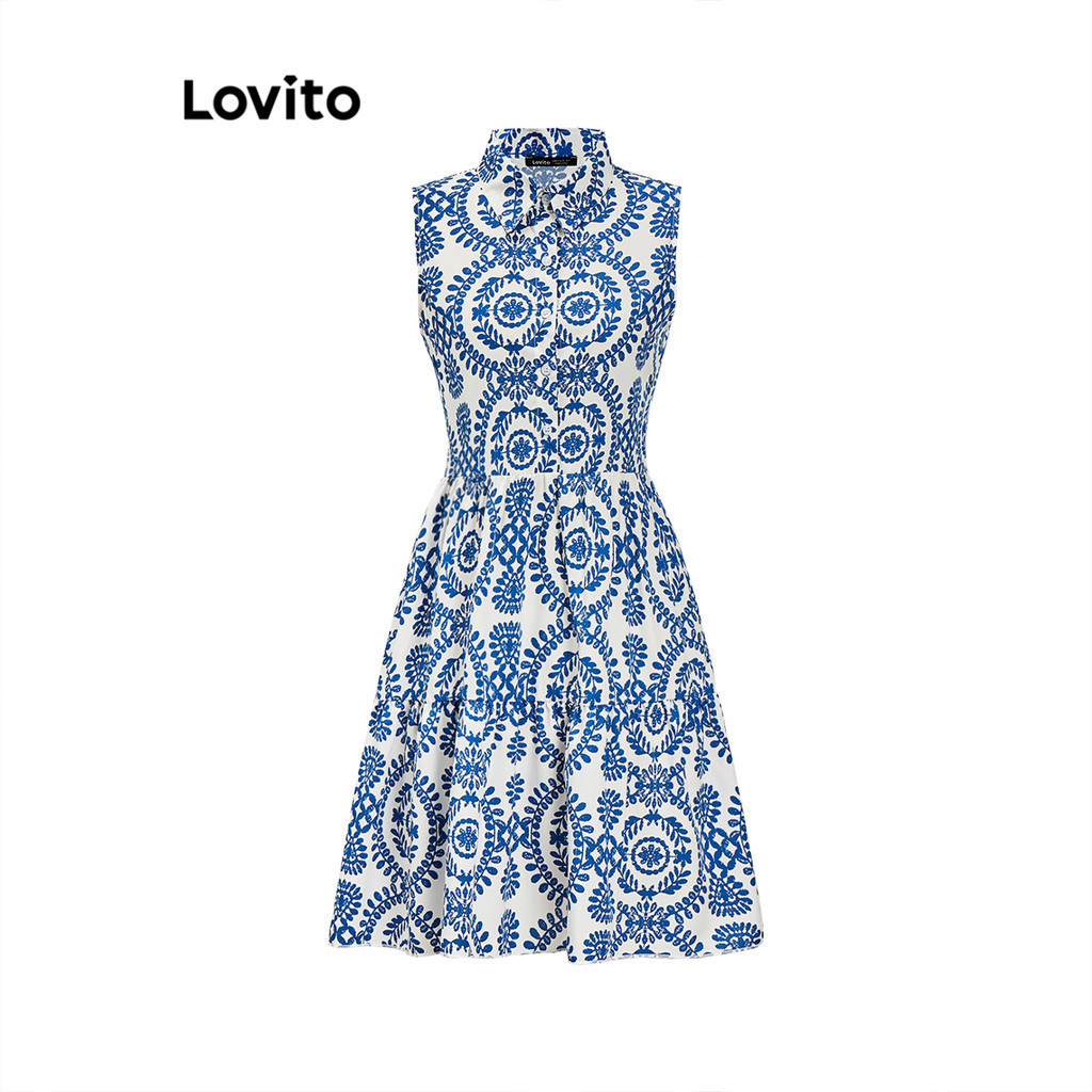 Lovito เดรสผู้หญิง พิมพ์ลายชนเผ่า ชายแต่งระบาย มีกระดุม สไตล์โบโฮ L92AD006