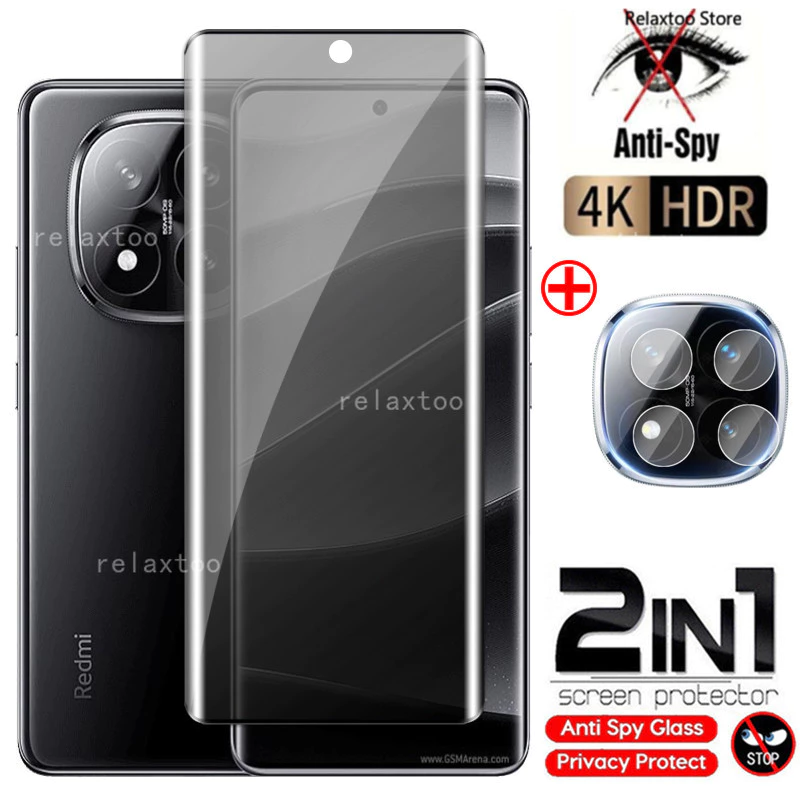 2IN1 Privacy Screen Protect Glass Phone Film For Xiaomi Redmi Note 14 15 Note14 Note15 Pro Plus 14Pro+ 15Pro+ Note15Pro+ Note14Pro+ 4G 5G Curved Anti Spy Front Screen Protect Tempered Glass Phone Film