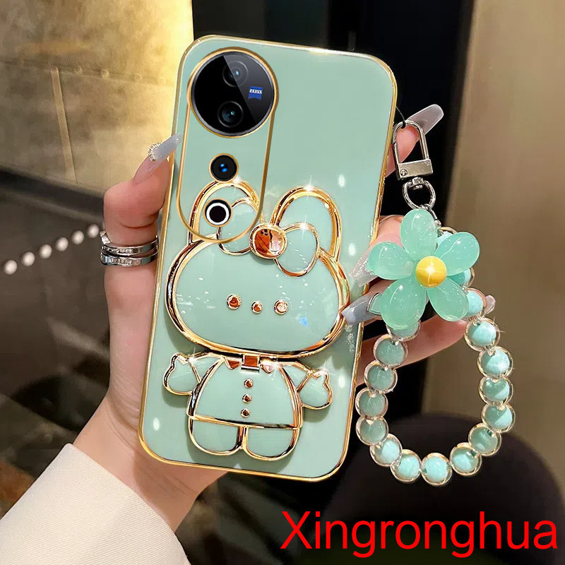 ปลอก Vivo V40 5G V40Pro 5G V30 Pro V30E 5G V29 5G V29E V27 V27E เคสโทรศัพท์ TPU 3D กระต่ายเครื่องสําอางกระจกแต่งหน้าขาตั้ง Ultra Thin Electroplated Soft Case Shock Protec