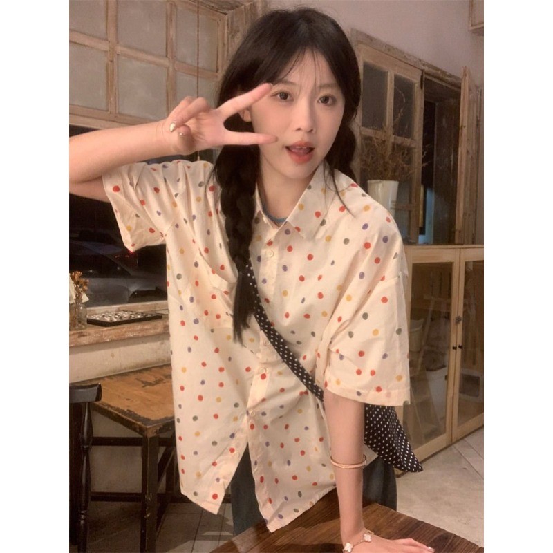 🧡Crush🧡 เสื้อเชิ้ต แขนสั้น พิมพ์ลายจุด 3XL รุ่นยาว กระเป๋า สวยหวาน แฟชั่นเวอร์ชั่นเกาหลี