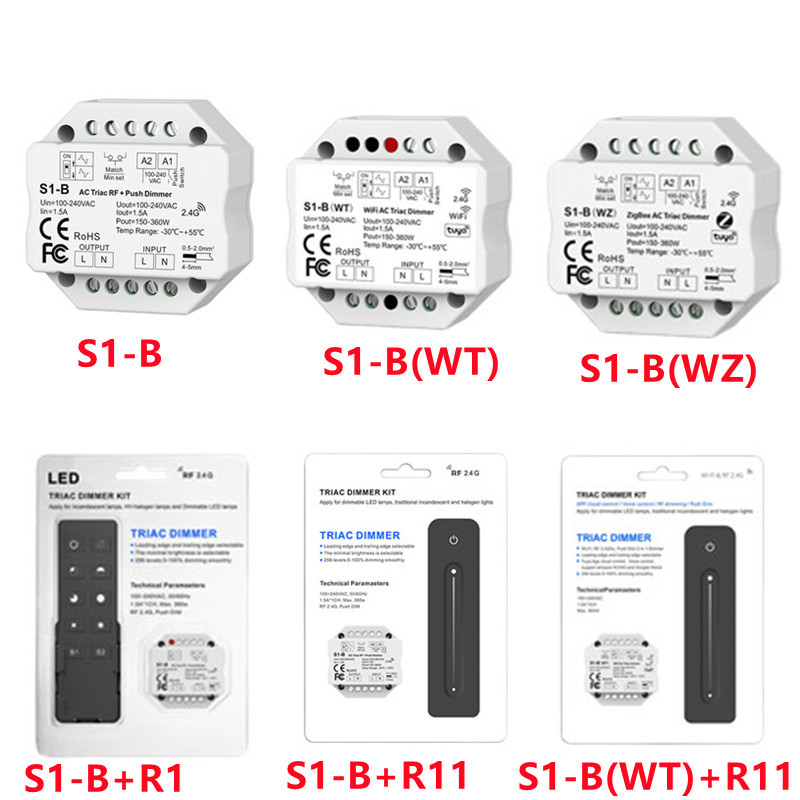 Led Dimmer 220V 230V 110V AC Triac ไร้สาย RF หรี่แสงได้ Push สวิทช์ 2.4G ระยะไกล 220V Dimmer สวิทช์สําหรับหลอดไฟ LED S1-B พร้อม R11 ระยะไกล S1-B WIFI Zigbee Dimmer