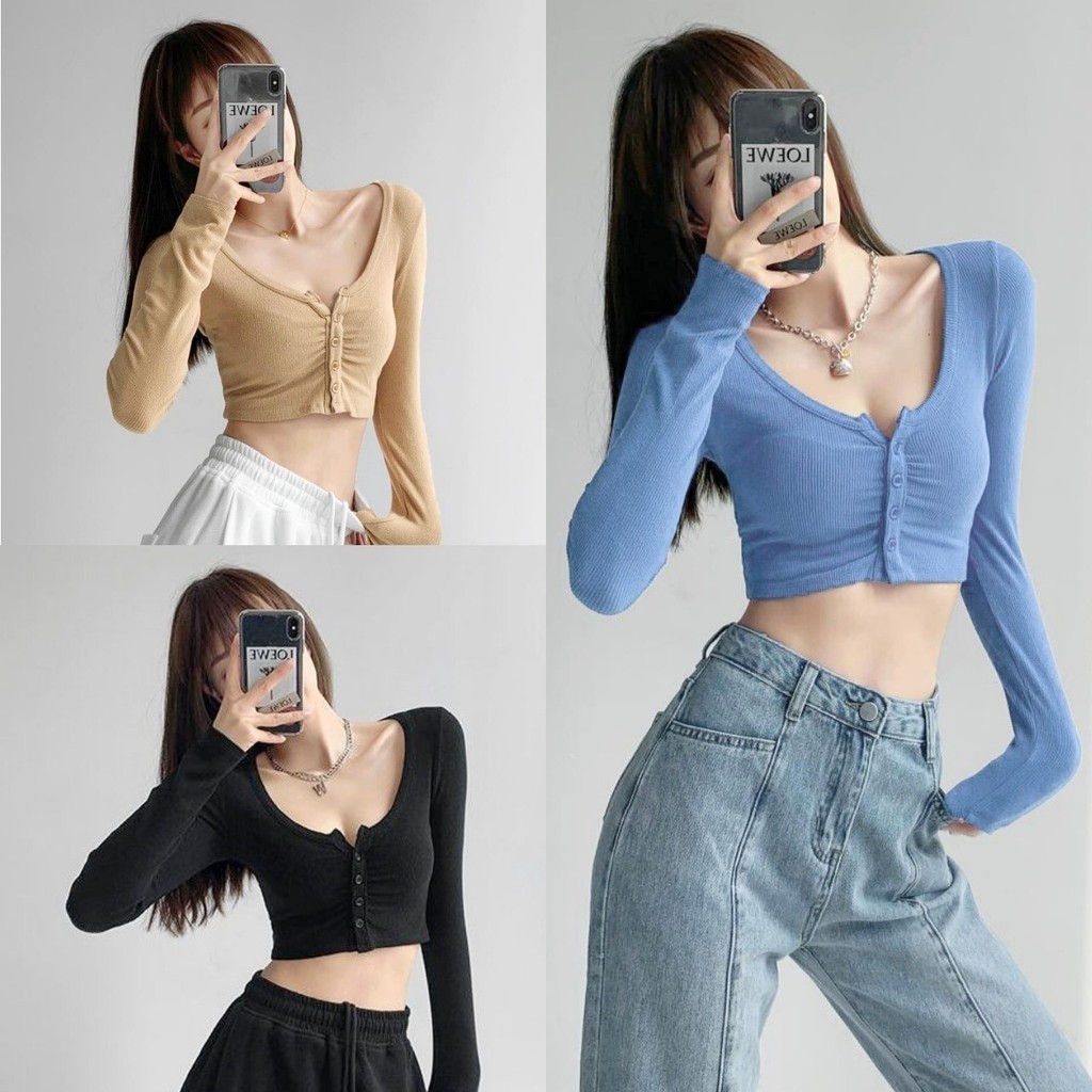 ราคาถูกที่สุด เสื้อครอปผ้าร่อง แขนยาว มีกระดุมหน้า ทรงคอกลมกว้าง 5 สี