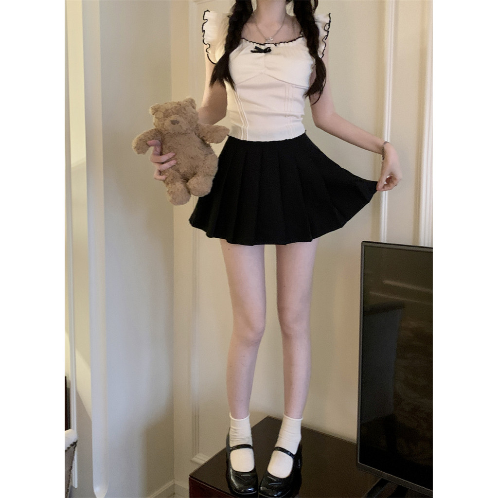 💖Anne💖เสื้อยืดแขนสั้น คอกลม แขนสั้น ขอบหยัก แต่งโบว์💕เสื้อครอป สไตล์เกาหลี แฟชั่น น่ารัก💞#M2530