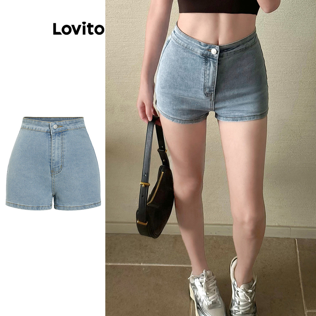 Lovito กางเกงยีนส์ขาสั้นกระดุมธรรมดาสำหรับผู้หญิง L105MD376