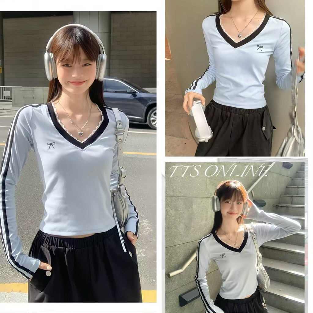TTS พร้อมส่ง เสื้อยืดแขนยาวลายโบว์ลูกไม้สีฟ้าคอวีใหม่สลิมฟิตสั้นเสื้อสลิมเสื้อยืดเกาหลีหวานน่ารัก