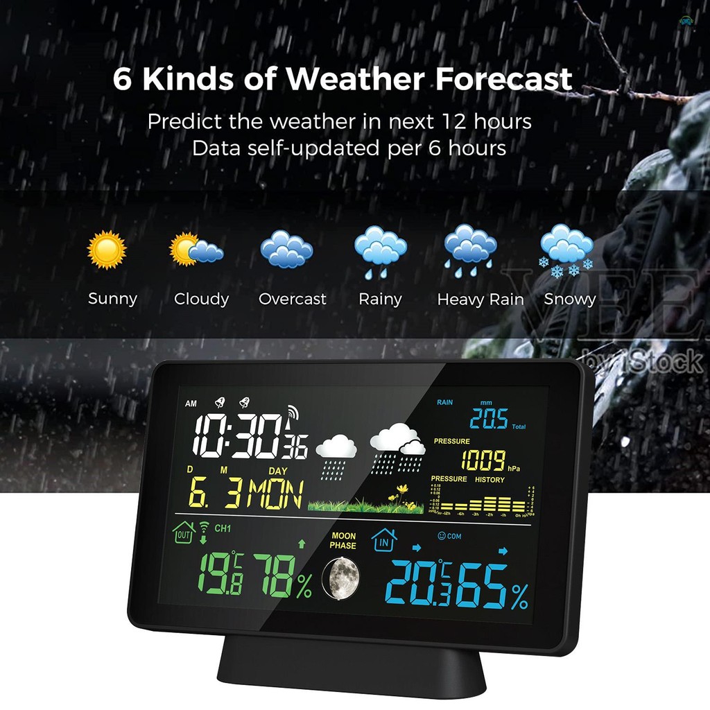 Yb1 Weather station7.5- นิ้วหน้าจอสีสถานีอากาศ Rain Gauge ในร่มและกลางแจ้งอุณหภูมิและความชื้นสถานีอากาศพร้อมจอแสดงผล Moon Phase ความดันบรรยากาศ