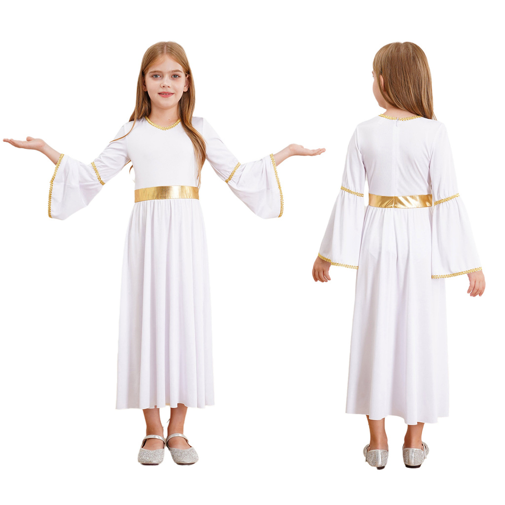 Rswnyirn สาว Angel คอสเพลย์เครื่องแต่งกาย Angel ชุดแขนยาว Gold Trim Patchwork ชุดชุดสําหรับคอสเพลย์ Party Satge Performance
