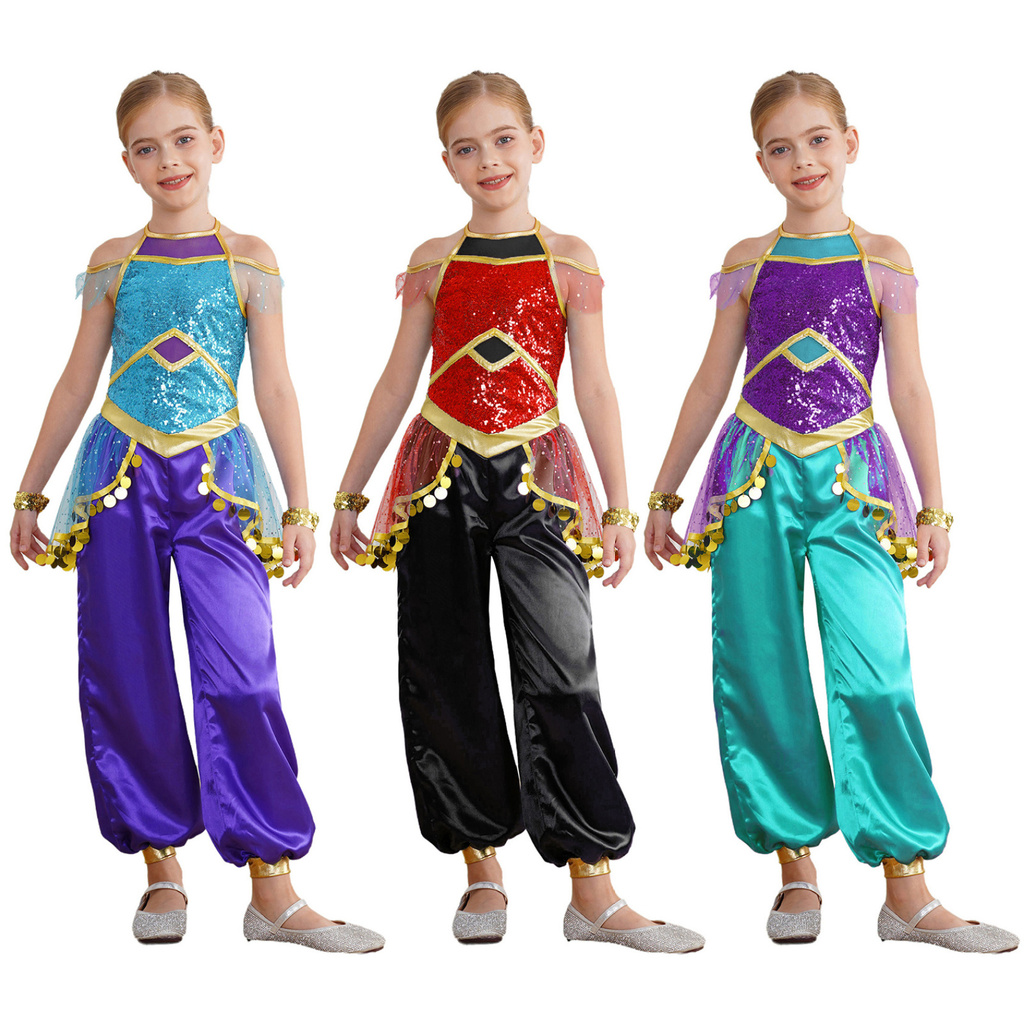 Rswnyirn สาว One Piece อาหรับเจ้าหญิงเครื่องแต่งกายแขนกุด Tulle เลื่อมบอดี้สูทพร้อมสายรัดข้อมือฮาโลวีนแต่งตัวปาร์ตี้เครื่องแต่งกาย
