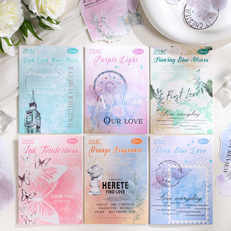 ไดลี่|8 แผ่นหมึกดอกไม้สติกเกอร์สีน้ํารอยเปื้อนสติกเกอร์คู่มือภูมิทัศน์ DIY วัสดุตกแต่งสติกเกอร์ Matte PVC สติกเกอร์ Pack คู่มือสติกเกอร์