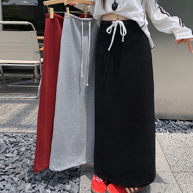 SuySuy พร้อมส่ง กระโปรงยาว สำหรับผู้หญิง เอวสูงเอวสม็อค มีเชือกรูด แต่งแหวกหลัง ใส่สบายผ้าไม่หนา สไตล์ลำลอง ทันสมัย