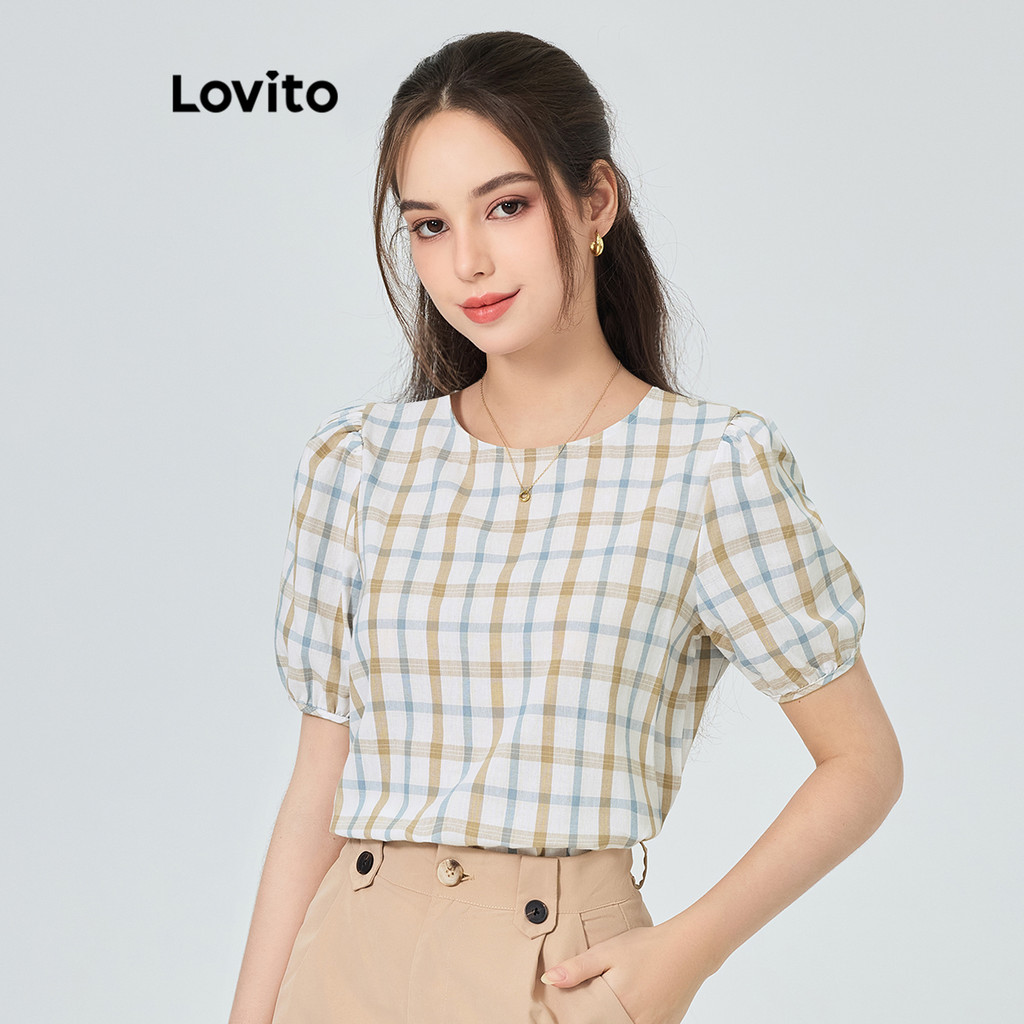 Lovito เสื้อเบลาส์ผู้หญิง ลายสก๊อต แขนพอง สไตล์หรูหรา L89MD102(หลากสี)