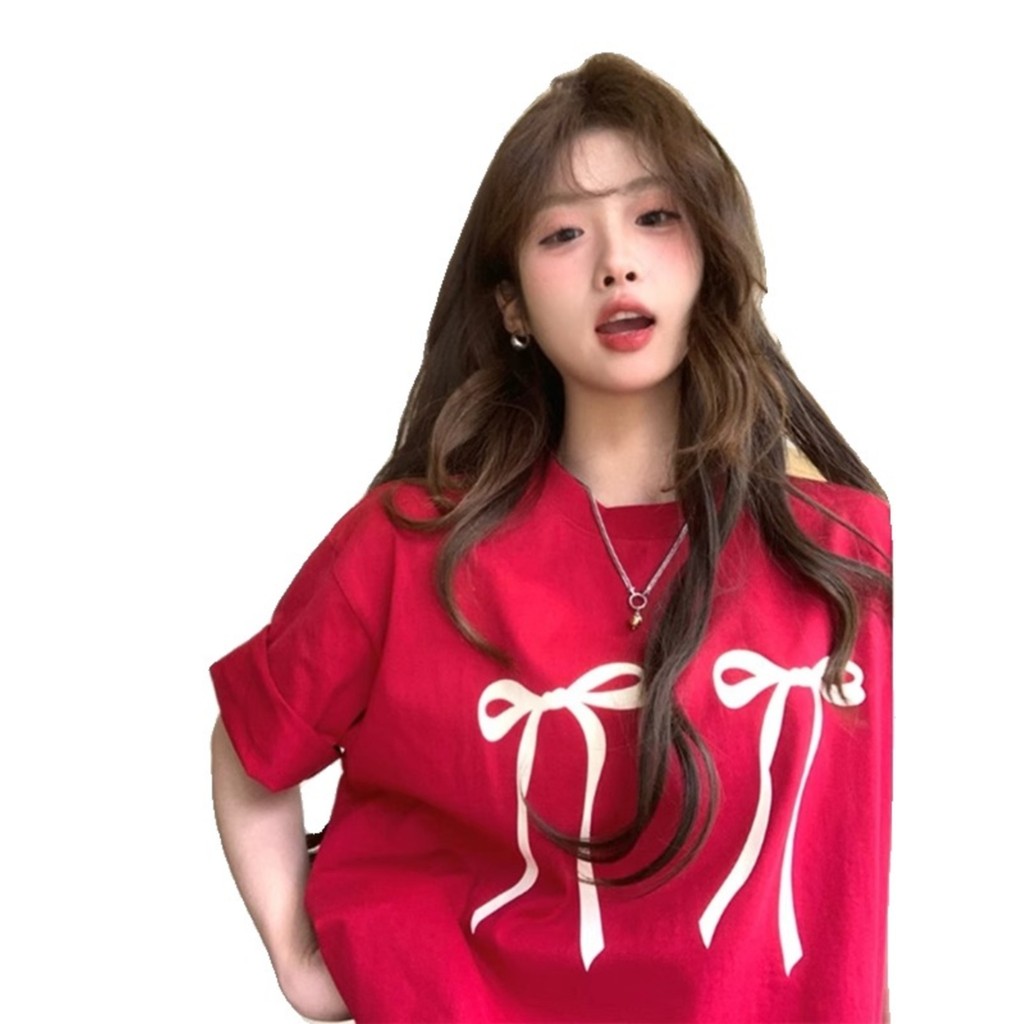 (จัดส่งตลอด 24 ชั่วโมง）OOOK Official เสื้อยืดแขนสั้นสำหรับฤดูร้อน. สีแดง. ทำจากผ้าฝ้าย. มีการพิมพ์ลายโบว์. - รูปที่ 3