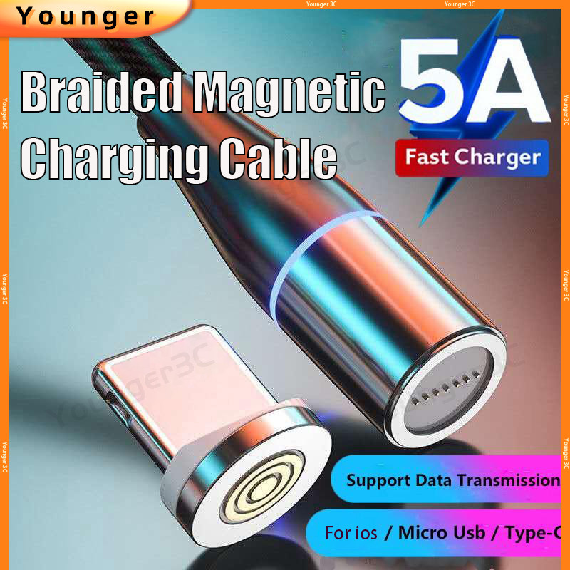 (COD)Magnetic Attraction 5A สายชาร์จเร็ว,สําหรับสายชาร์จ ios Micro Type-C,สายเคเบิลข้อมูลแบบถักอลูมิเนียม USB,สายชาร์จ Type C Data Sync
