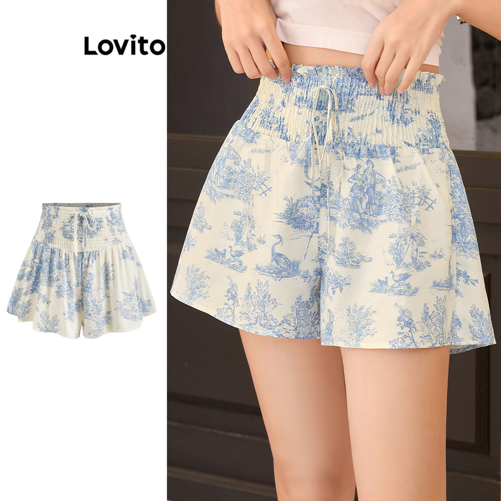 Lovito กางเกงขาสั้นลายทรอปิคอลลำลองสำหรับผู้หญิง L104ED987