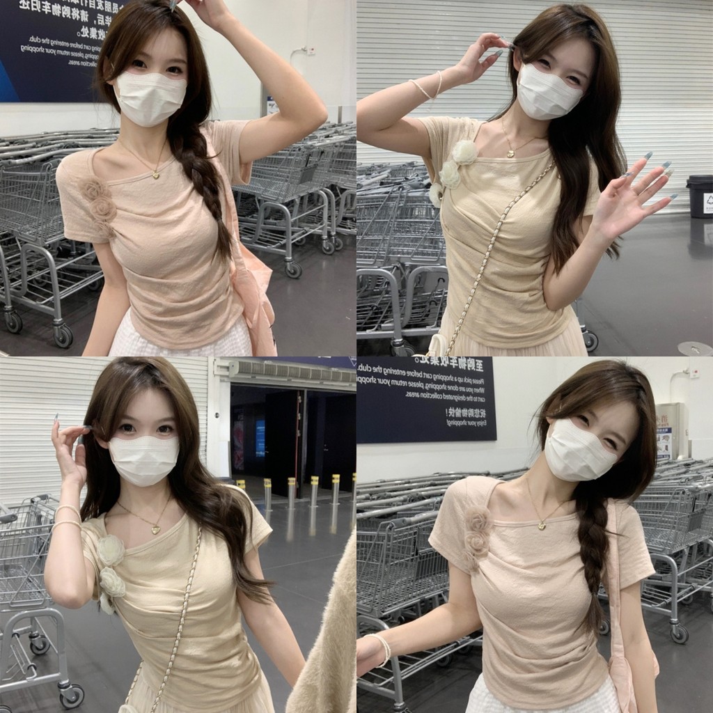 Anne เสื้อยืด สีพื้น แถมเข็มกัดดอกไม้สามอัน ผ้ายืด เสื้อยืดแขนสั้น สไตล์เกาหลี ทรงสวย #35501