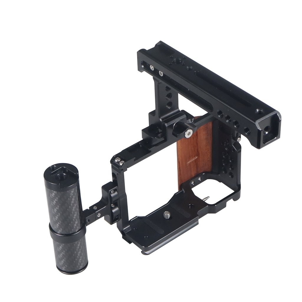 Camera Cage with Wooden Handle Grip Protective Cover Frame Rig for Sony ZV-E10 DSLR