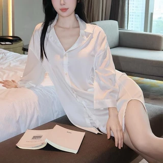Dahong💖 set ชุดนอนเซ็กซี่ เสื้อแฟน ชุดนอนเสื้อเชิ้ตผ้าไหมน้ำแข็ง เชิ้ตสปันไม่มีกระเป๋าซ่อนกระดุมใส่สบายๆไม่ร้อนค่า W605
