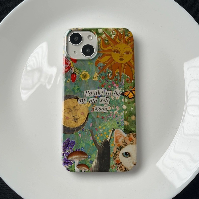 Retro สไตล์อินเทรนด์ Graffiti Cat ไม่มีปุ่มเหมาะสําหรับ iPhone 16PRO XR X 15PRO 16PROMAX Hard Case XSMAX โทรศัพท์มือถือป้องกันกรณี 14 13 12 11 PRO รูขนาดใหญ่ 16PLUS กันกระแทก Scratchproof