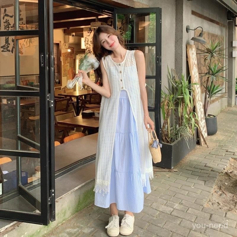 ชุดเดรสสองชิ้นสไตล์เกาหลี สวมใส่ง่าย สำหรับฤดูร้อน พร้อมลายสลิงสีฟ้าสดใส
