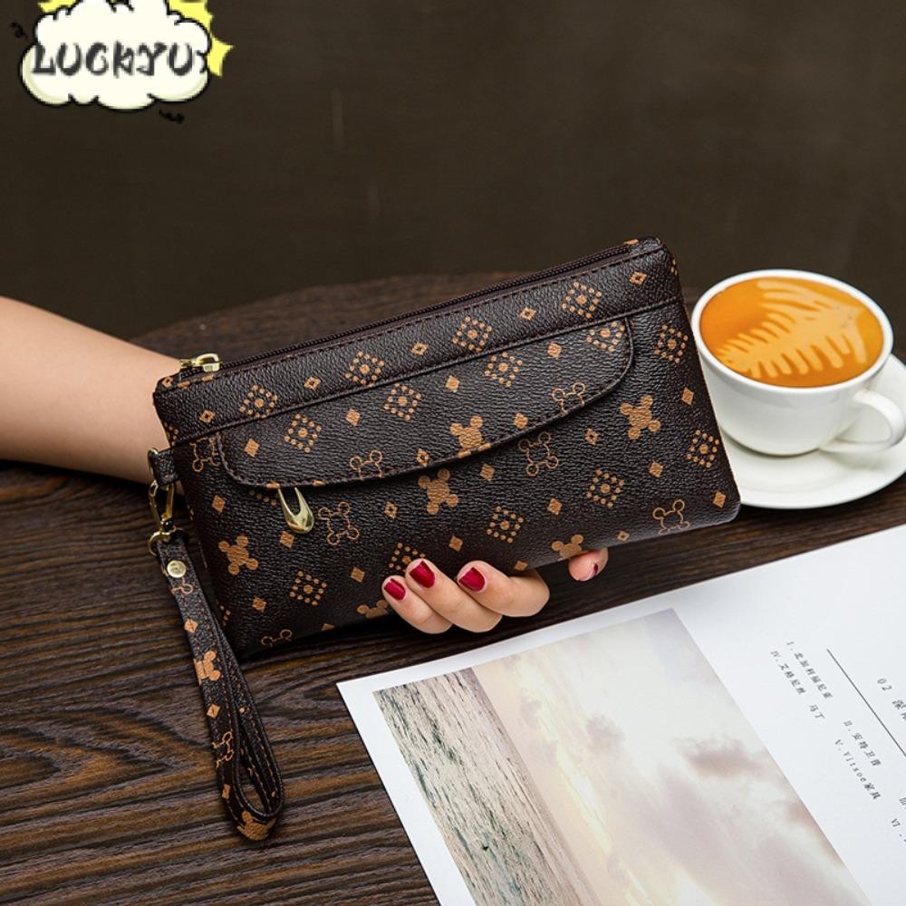 LUCKYU กระเป๋าสตางค์ใบยาว แบบถือพิมพ์ลาย สีน้ำตาล/ขาว ทรงสี่เหลี่ยม PU สำหรับผู้หญิง