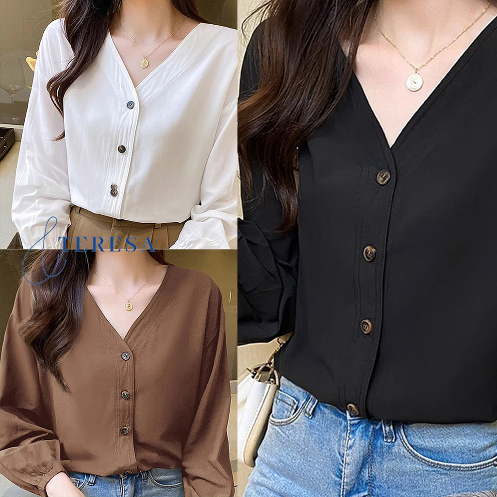 เสื้อเชิ้ตคอวีแฟชั่น ใส่สบาย สไตล์เรียบง่าย