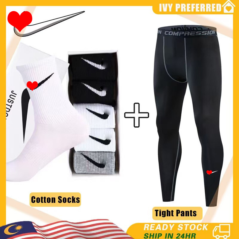 2PCS One Tight Long Pants One Sports Socks Basketball Bottom Set 3/4 Length Compression Pants with C