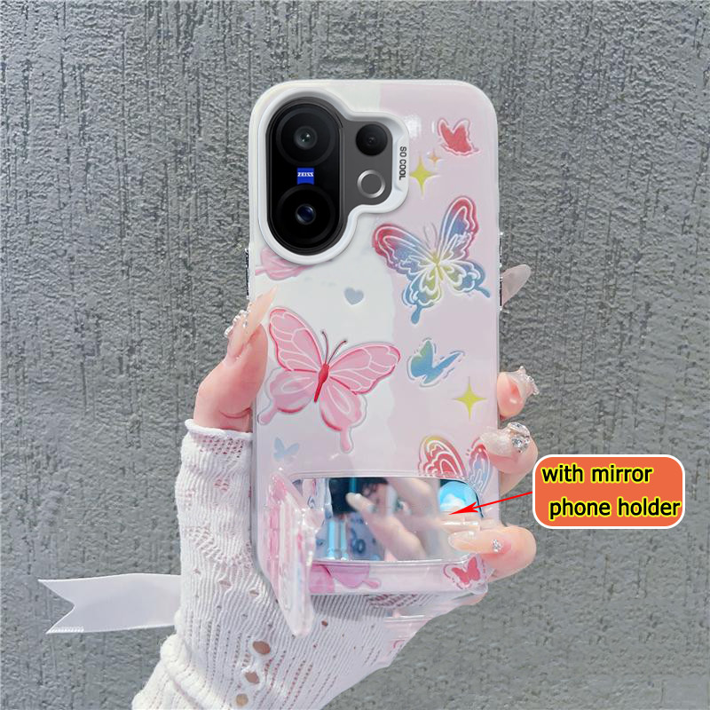 เคส Vivo X200 FE เคสน่ารักสีสันสีชมพูผีเสื้อกันกระแทกพร้อมกระจกที่วางโทรศัพท์ยืนหรูหราเคลือบฮาร์ดโทรศัพท์สําหรับสาวนักเรียนผู้หญิง
