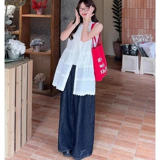 Mimi&didi#ชุดเสื้อกั๊กปกปิด เนคไทฝรั่งเศส เดรสทรงหลวม คอกลม แขนกุด เหมาะสำหรับฤดูใบไม้ผลิ หวานและเผ็ดสำหรับผู้หญิง#99109
