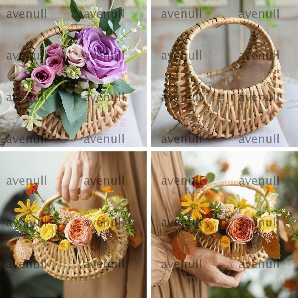 AVENULL ตะกร้าสาวดอกไม้, ตะกร้าสาน ตะกร้าจัดดอกไม้ที่ทนทาน, ภาชนะปิคนิคสีเหลืองขนาดเล็ก Willow หวายห