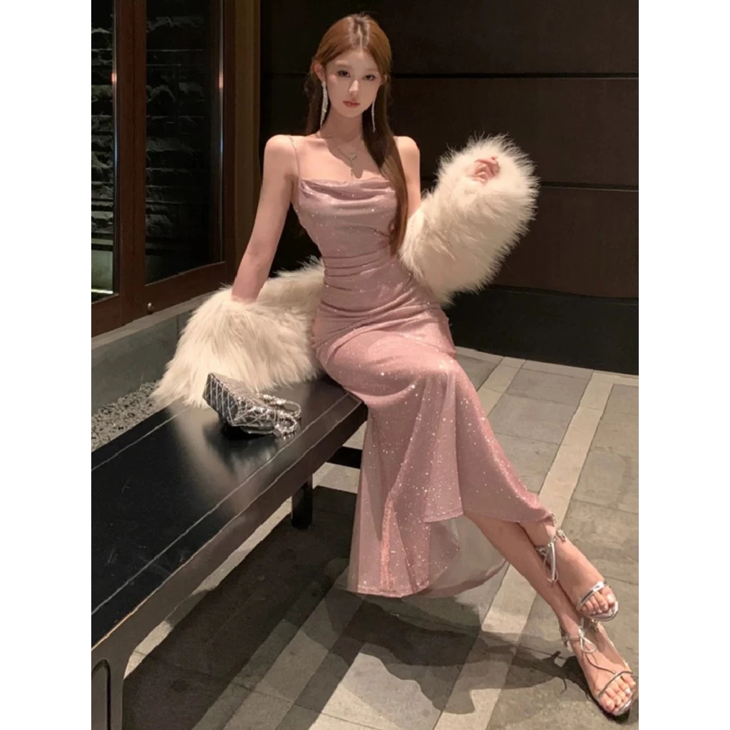 pink prom dress ออกงาน เดรสน่ารัก ปาดไหล่ แฟชั่น เดรสไปทะเล สีชมพู เกาะอก กระโปรงยาว เกาหลี
