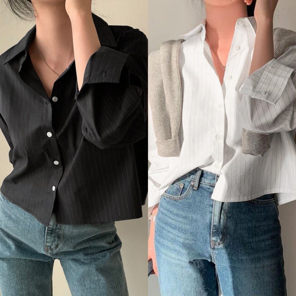 พร้อมส่ง  เสื้อเชิ้ตแขนยาว งานลายทางสลับสี ชุดทำงาน ชุดเที่ยว