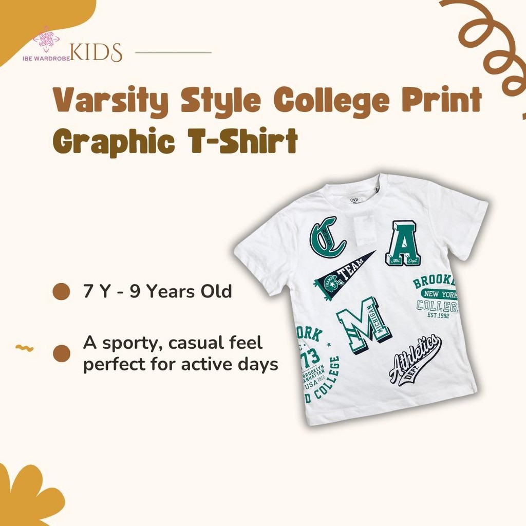 IBE Kids Boy OVS Casual Wear เสื้อยืดสีขาวในลุควิทยาลัยคลาสสิก (อายุ 7Y - 9 ปี)