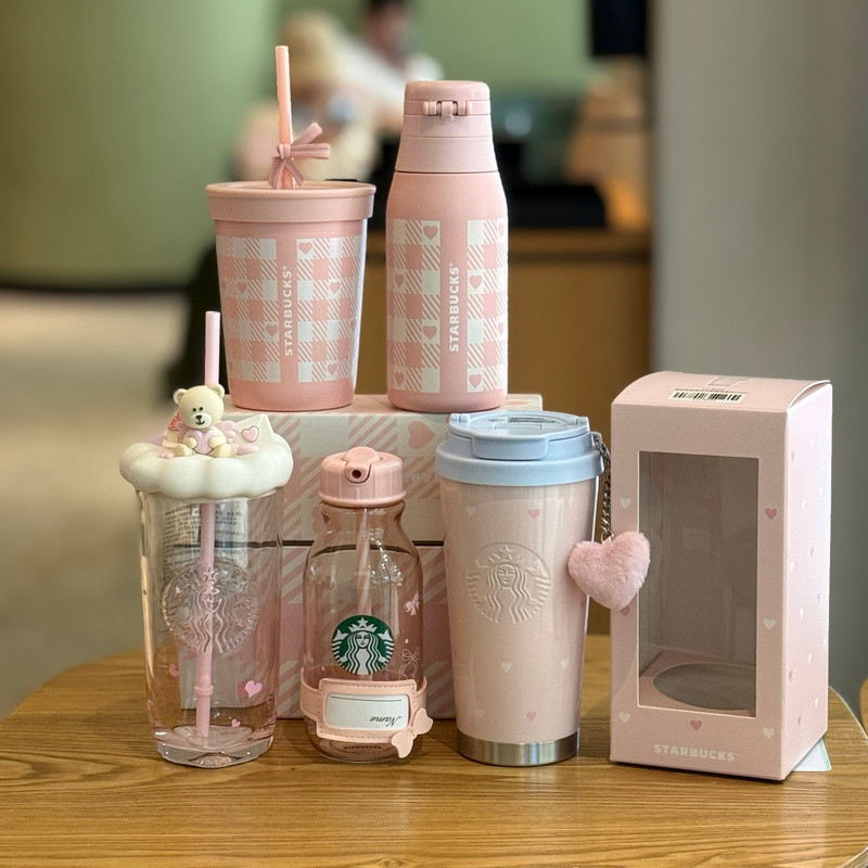 Starbucks Starlit Confession Series หัวใจสีชมพูโบว์แก้วฟางฉนวนแก้วโต๊ะของขวัญน่ารัก
