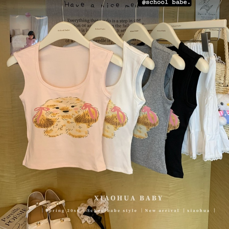 #476 เสื้อกั๊กแขนสั้น ดีไซน์การ์ตูนน่ารักลายลูกสุนัข พร้อมแผ่นฟองน้ำหน้าอก ยืดหยุ่น สไตล์เกาหลี สุดน่ารัก ราคาถูก