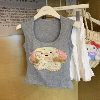 #476 เสื้อกั๊กแขนสั้น ดีไซน์การ์ตูนน่ารักลายลูกสุนัข พร้อมแผ่นฟองน้ำหน้าอก ยืดหยุ่น สไตล์เกาหลี สุดน่ารัก ราคาถูก