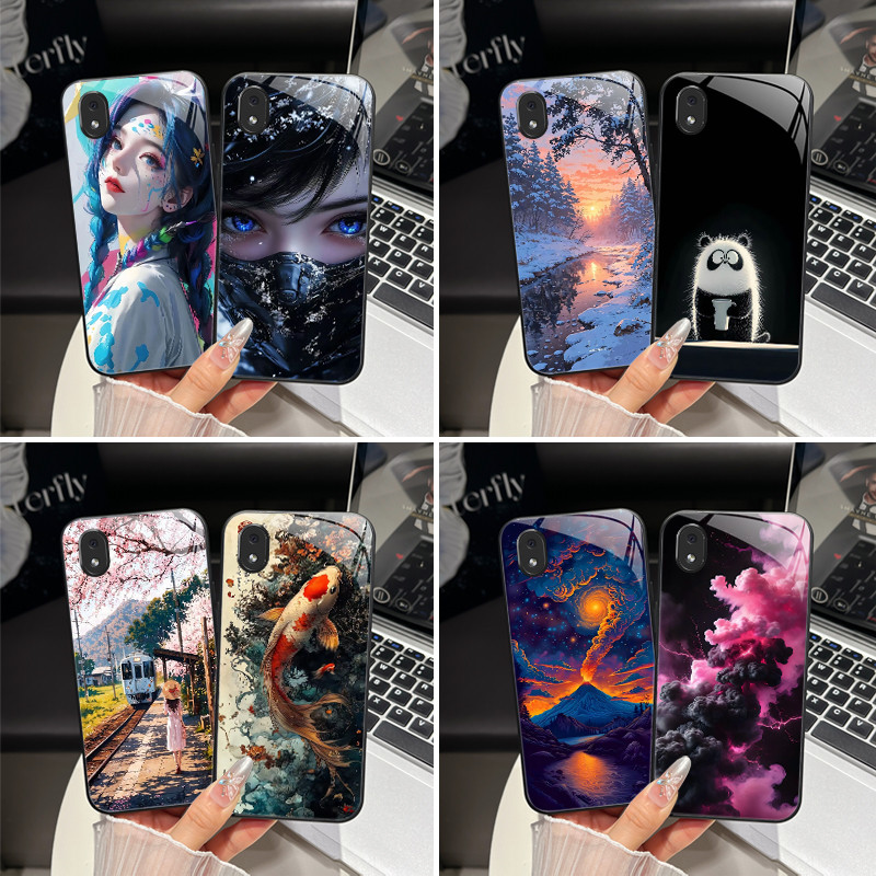 กรณีสําหรับ Samsung A01 Core A3 Core M01 Core แฟชั่น Cool สาวทาสี Sky การ์ตูนปกหลังกระจกนิรภัยกันกระ