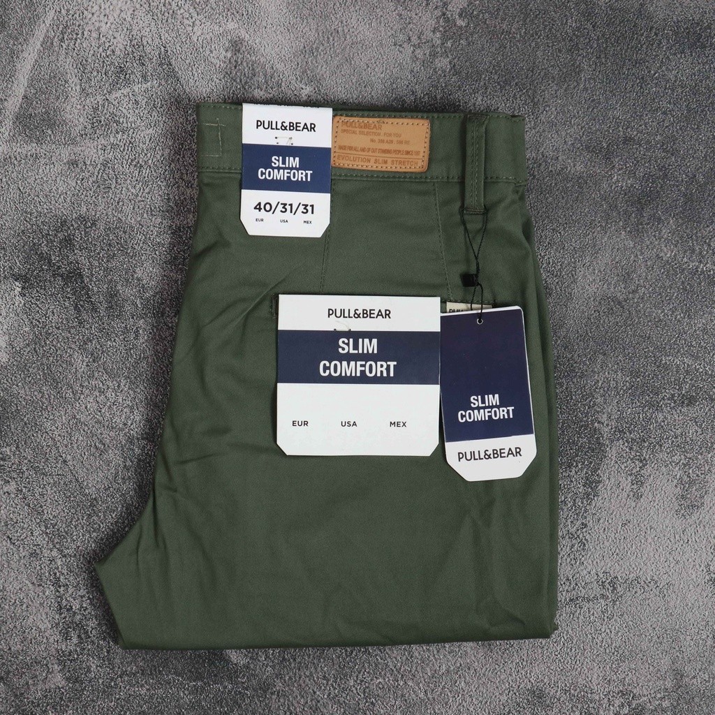 PULL AND BEAR กางเกงชิโน่ขายาวผู้ชาย Slimfit ทํางานทุกวัน Casual อย่างเป็นทางการสีดําครีมสีเทา