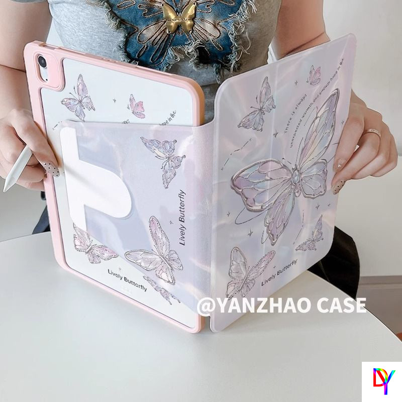 ผีเสื้อเคส ipad หมุนได้ 360 องศา Gen11-A16 2025 Air5/6/7 mini6/7 8.3 ฝาครอบอะคริลิค Pro 2022/2024-M4 gen10 2022 gen7/8/9 ฝาครอบป้องกันการตกพร้อมช่องเสียบปากกา