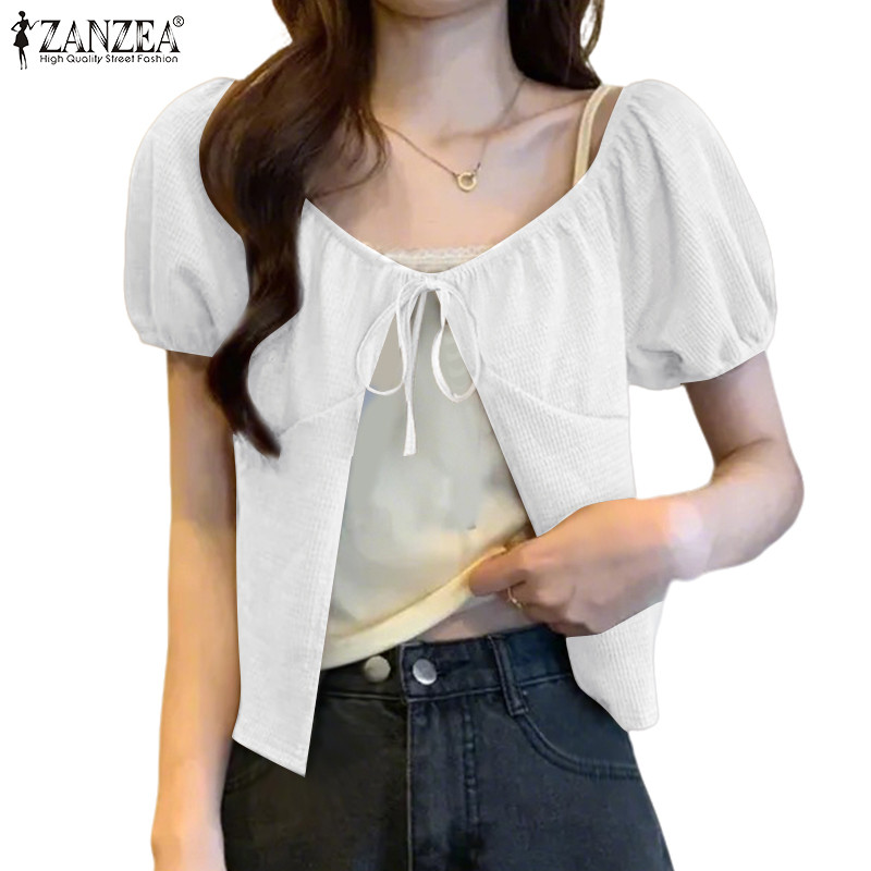 ZANZEA สไตล์เกาหลี ผู้หญิง เสื้อครอปแขนพัฟ คอวี สายคล้องคอโบว์ลายระบาย