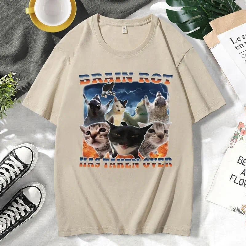 สมองเน่า เสื้อยืดแมวตลก Meme เสื้อยืดผู้ชาย Goofy Ahh Cats เสื้อยืดฮิปฮอปวินเทจ เสื้อยืดแขนสั้นผ้าฝ้
