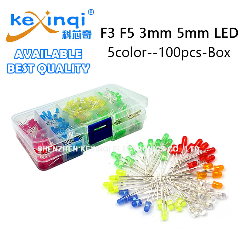 ชุดไดโอด LED Emitting 100 ชิ้น/กล่อง F3 F5 3 มม. 5 มม. 10x10 สีแดง เหลือง น้ําเงิน เขียว ขาว