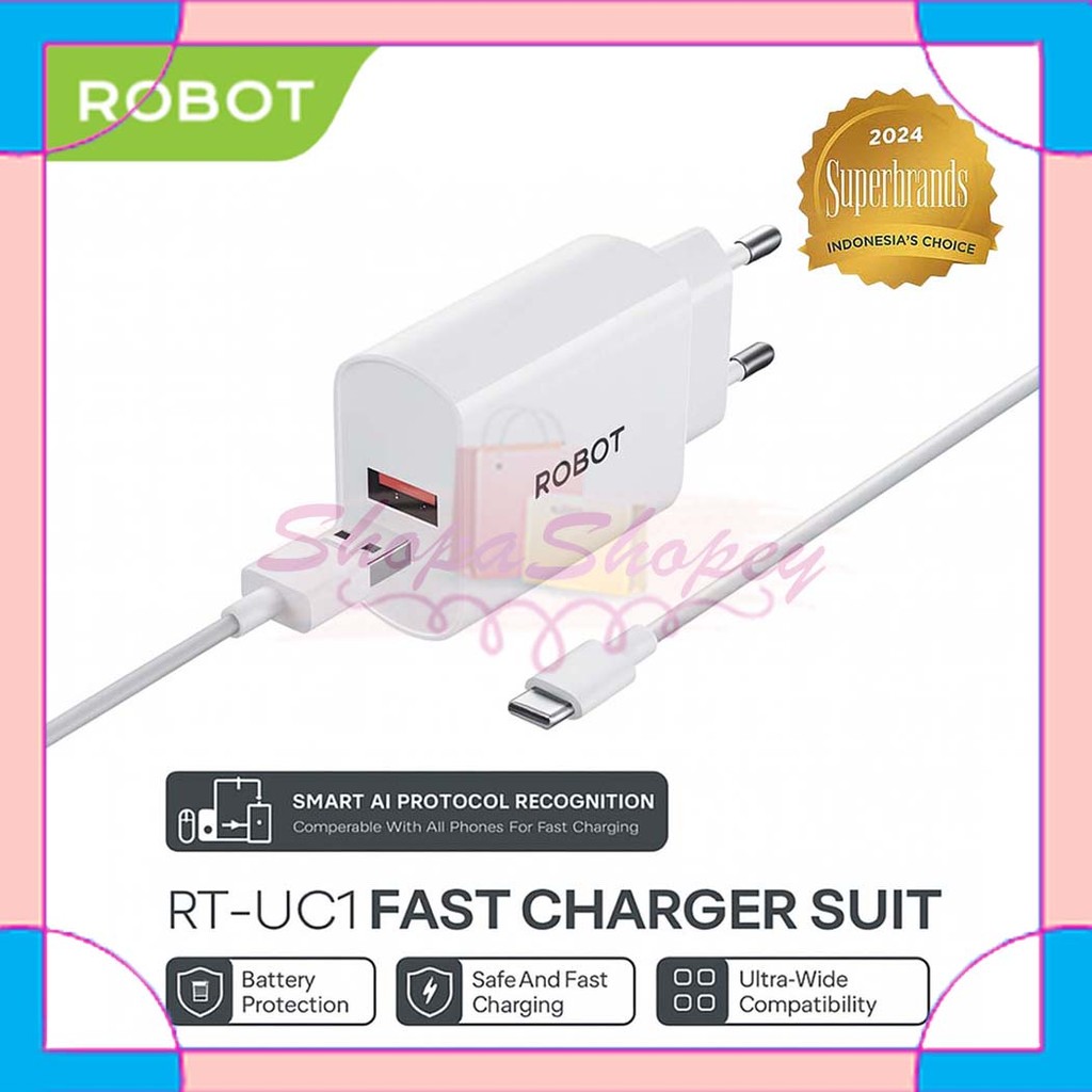 ROBOT RT-UC1 Fast Charging Charger QC 3.0 3A 18W + 18W Type C Cable - รับประกันอย่างเป็นทางการ 1 ปี
